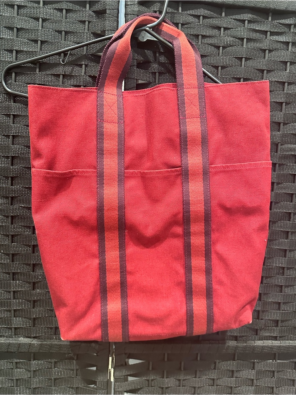 🚨LAST CHANCE 🚨VINTAGE Hermes Red Canvas Tote with Dark Stripe Handles